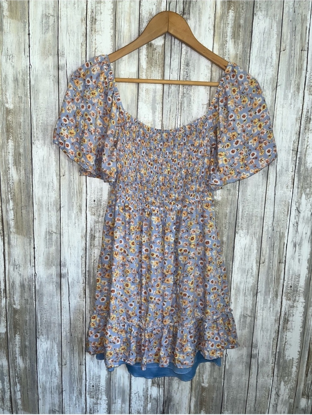 Altar’d State Blue Floral Smocked Mini Dress Open Back Puff Sleeve Cottagecore - Picture 2 of 6